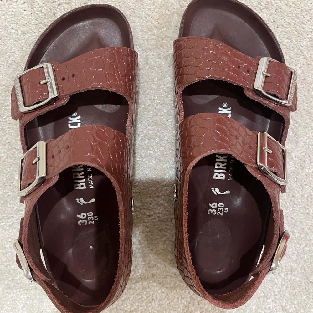 Birkenstock Milano Big Buckle Croc-Embossed Sandal- Women’s size 36
